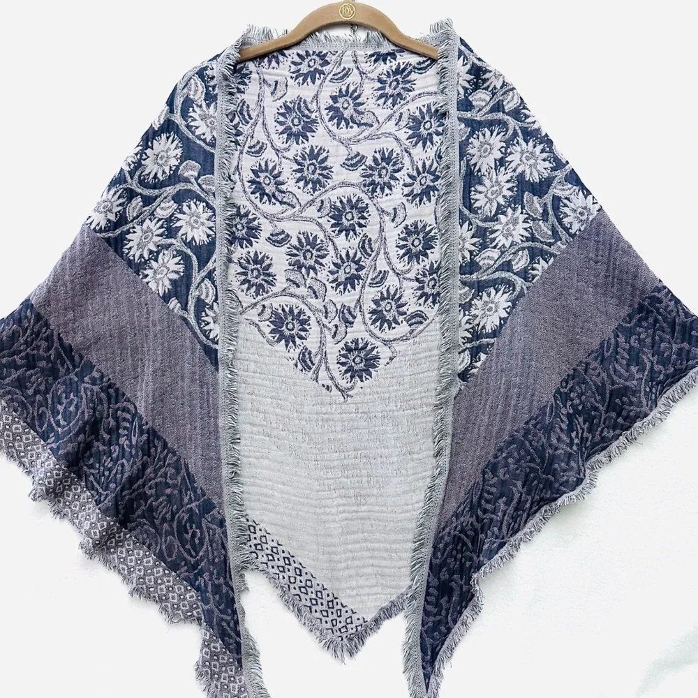 Pure J. Jill Floral Gauze Cotton Jacquard Fringe Shawl Triangle Scarf Textured